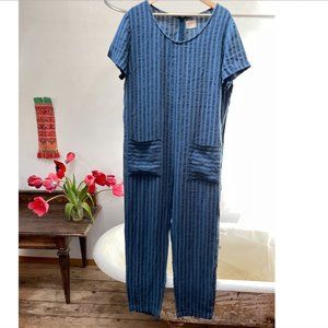 OFFON short sleeve linen blue stripe jumpsuit with pockets, XL
